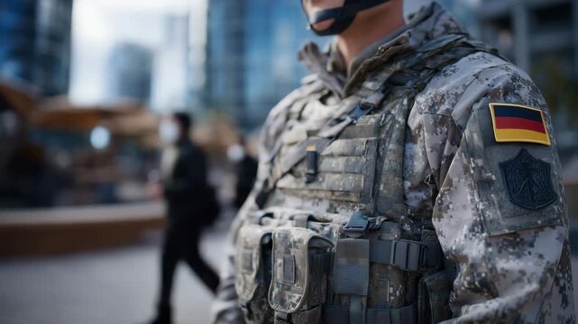 Unrecognizable German soldier in modern army uniform, German flag patch on shoulder, close-up view of textures, helmet straps, and tactical vest, subtle depth-of-field and cinemati