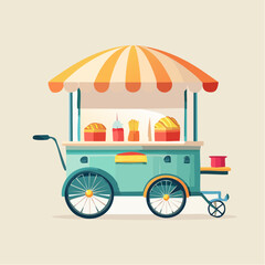 Colorful Food Cart with Umbrella and Various Snacks Displayed