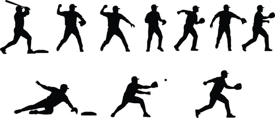 Baseball Player Silhouette Collection with Batting Pitching Catching and Sliding Actions Isolated on White Background Vector Set