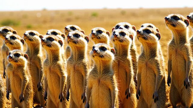 Alert group of meerkats standing upright on hind legs at burrow entrance, vigilantly scanning the bright, hot desert sky for any approaching aerial