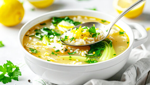 Chicken and rice soup with bok choy, clear broth with parsley and lemon zest. AI