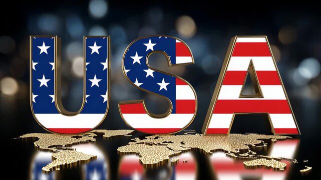 USA spelled out in 3D letters with stars-and-stripes pattern, golden world map below softly illuminated, subtle metallic sheen on letters, patriotic Americana design with global pe