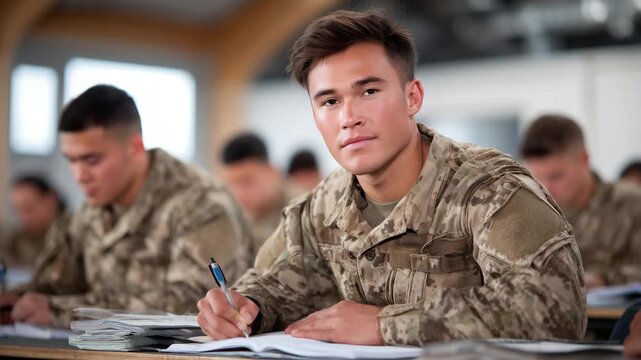 Wide-angle view of a military training classroom, young men in brown camouflage uniforms sitting in rows, taking notes and paying attention, concept of structured soldier recruitme