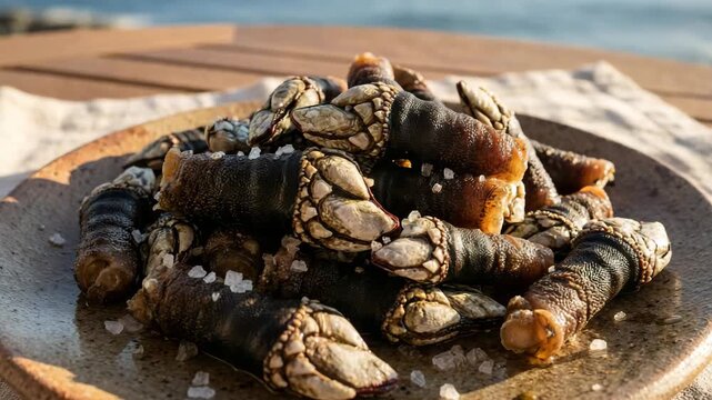 steaming plate of fresh boiled goose neck barnacles with sea salt video