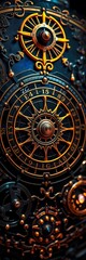 Obraz premium Celestial clockwork, sun & moon dial, obsidian backdrop, gilded filigree , cosmic, metallic