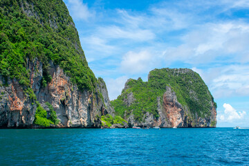 Phi Phi Islands Near Phuket Thailand. Beautiful landscape Limestone rock formations on Andaman Sea, Turquoise clear blue and green water