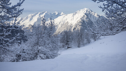 Fototapeta premium paysage alpin à Vaujany en hiver en Isère en France, Alpes sous la neige, montagnes ,montée sur le col du Sabot, vue sur le Grand Galbert, panorama