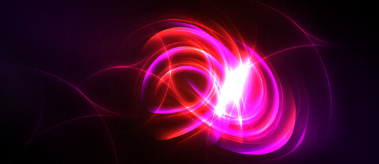 Bright swirling lines, vibrant pinks, reds dominate dark background. Intense light radiates from central point, creating dynamic effect.