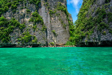 Phi Phi Islands Near Phuket Thailand. Beautiful landscape Limestone rock formations on Andaman Sea, Turquoise clear blue and green water