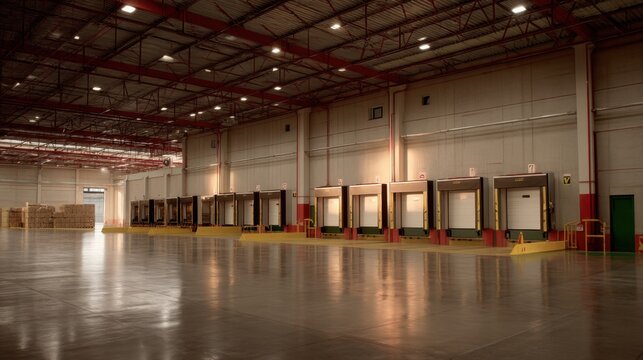 Empty Distribution Warehouse Interior with Loading Docks and Bright Lighting, Spacious Floor and Clean Walls in an Industrial Setting