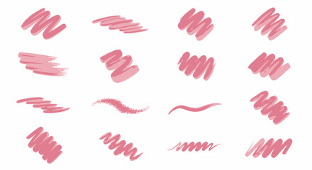 Obraz premium Collection of pink lipstick smudge marks and swirls on a digital canvas, showcasing various lip impressions and cosmetic designs from a close-up viewpoint