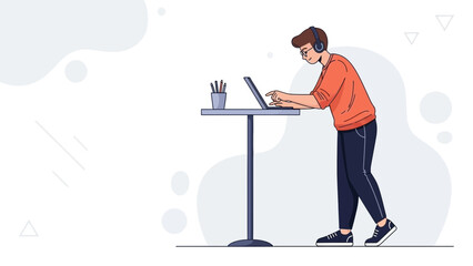 Fototapeta premium Young man with headphones working on laptop at standing desk, modern office illustration