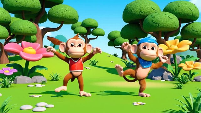 Cartoon monkeys dancing in a sunny garden animation for children education or fun entertainment stock video