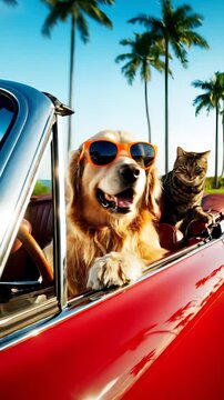Golden retriever in sunglasses rides convertible with cat near palm trees. Dog and cat travel in red car together. Pets enjoy tropical drive in convertible. Golden retriever with cat roadtrip.