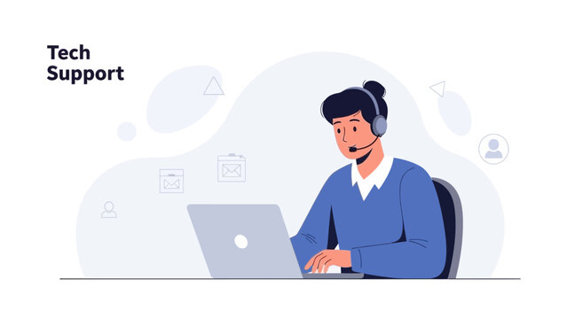 Tech Support Agent with Headset Working on Laptop, Customer Service Illustration