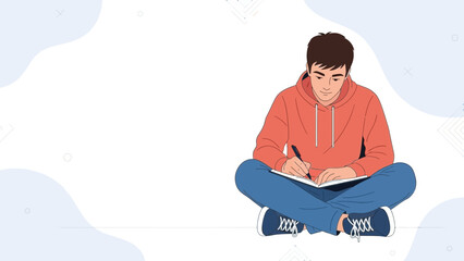 Young man sitting cross-legged, writing in notebook, studying or journaling