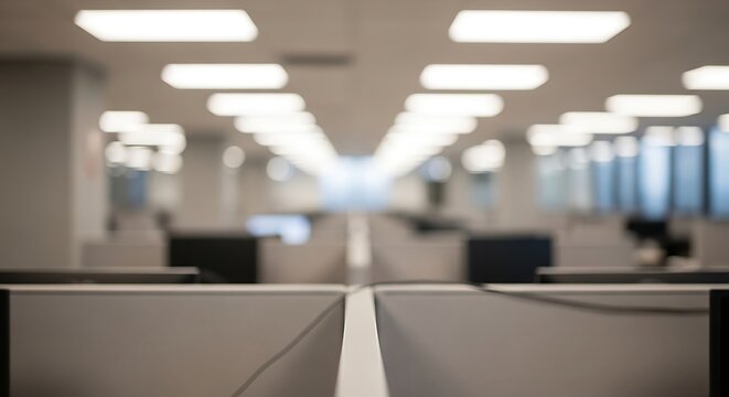 Blurry office cubicles stretch into the distance under bright fluorescent lighting high quality