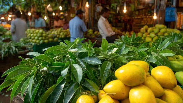 Vibrant mangoes on display at bustling market stall with fresh green leaves