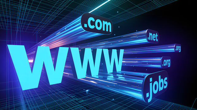 Glowing blue 3d world wide web letters with domain extensions in a digital tunnel background