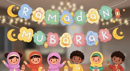 Fototapeta premium A colorful illustration of children celebrating Ramadan with a festive banner