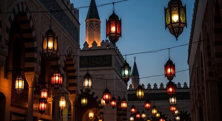 Fototapeta premium A mosque is beautifully lit up with colorful lanterns at dusk