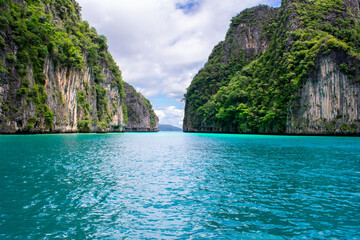 Phi Phi Islands Near Phuket Thailand. Beautiful landscape Limestone rock formations on Andaman Sea, Turquoise clear blue and green water