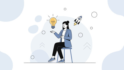 Woman with Lightbulb and Rocket, Symbolizing Ideas and Startup Success