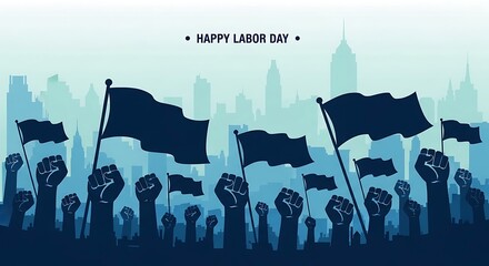 May 1st labour day background with silhouette of workers holding flags