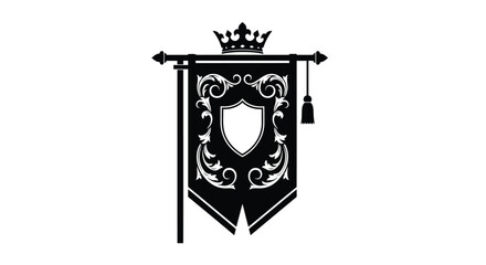 Black and white banner logo with crown and shield symbol