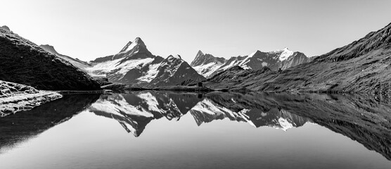 View on the most famous Swiss mountains, Schreckhorn, Eiger, Moench and Jungfrau in the Bernese Highland