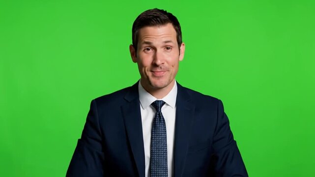 Smiling businessman in suit and tie against green background