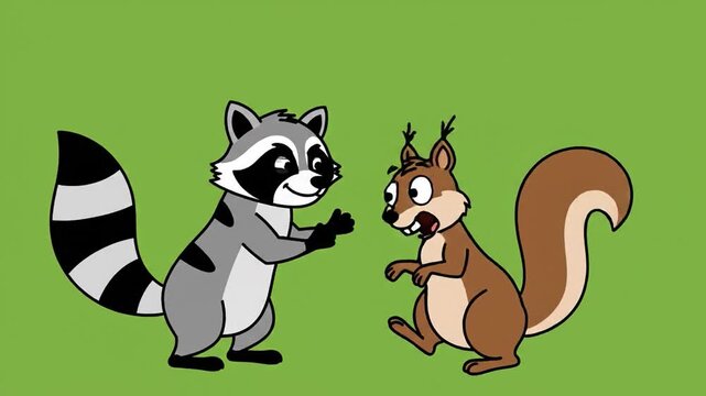 Cartoon raccoon interacting with surprised squirrel against green background animated wildlife encounter