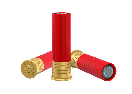 Three Red Shotgun Shells 3D Render Isolated on White Background (28 Gauge)