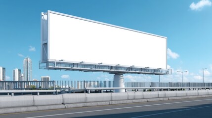 Fototapeta premium Empty Billboard on Urban Highway with Clear Blue Sky, Ideal for Advertising, Marketing, Business Promotions, or Displaying Brand Messages in a City Setting