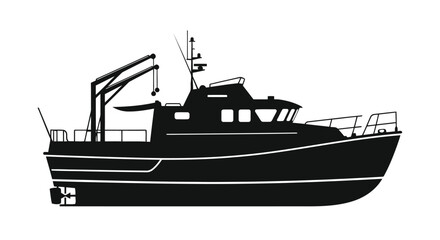 Fototapeta premium Black silhouette of a fishing boat on a white background