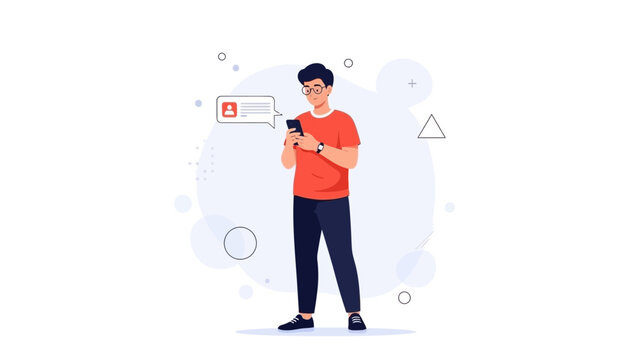 Young Man Using Smartphone, Receiving Notification, Modern Flat Illustration Style