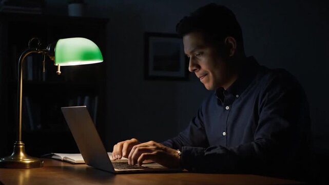 Focused businessman working late on laptop in dimly lit room