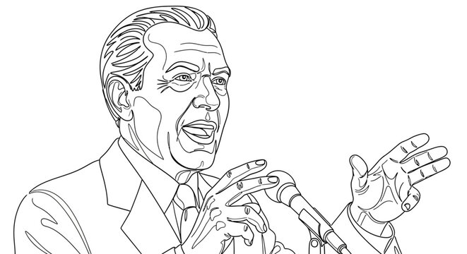 Man speaking into a microphone with expressive hand gestures.