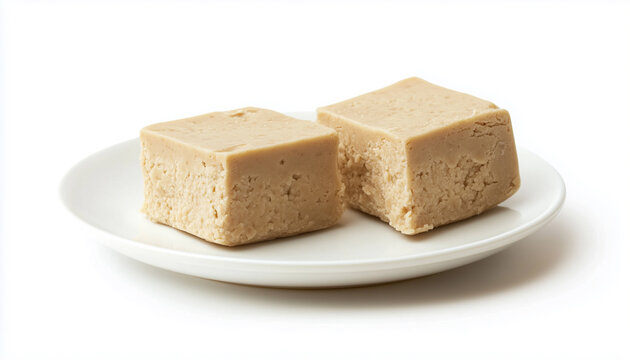 Sunflower halva in a plate. Side view. Broken halvah pieces. Food isolated on white background