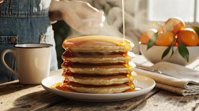 Person pours maple syrup on pancake stack for breakfast meal. Kitchen table with pancakes and syrup pouring. Breakfast pancake stack with maple syrup. Person serves pancakes with syrup at table.