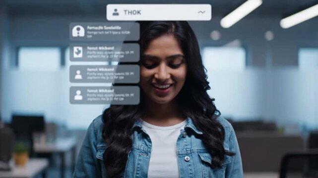 Confident businesswoman interacting with futuristic digital interface in modern office