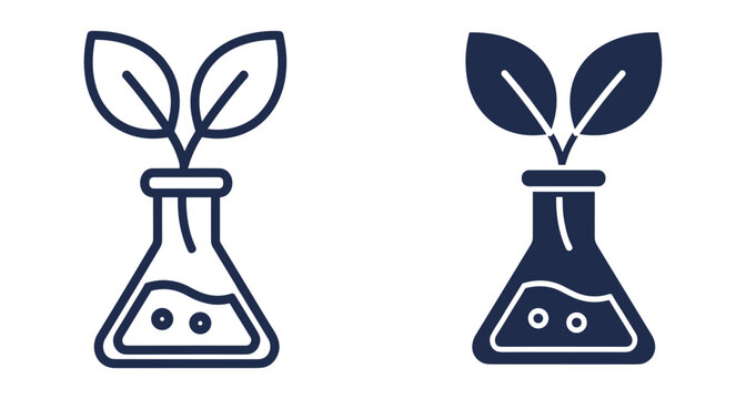 Set of two icons showing a chemical flask with a plant for environmental science