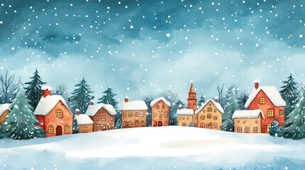 Fototapeta premium Illustration of a winter village with a snowy landscape. Ideal for holiday greeting cards.