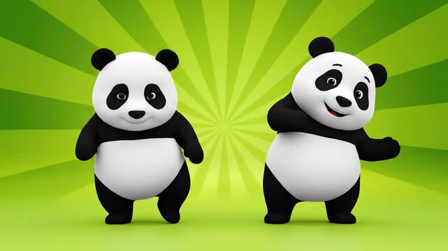 Cheerful cartoon panda bears dancing on green radial burst background illustration animation