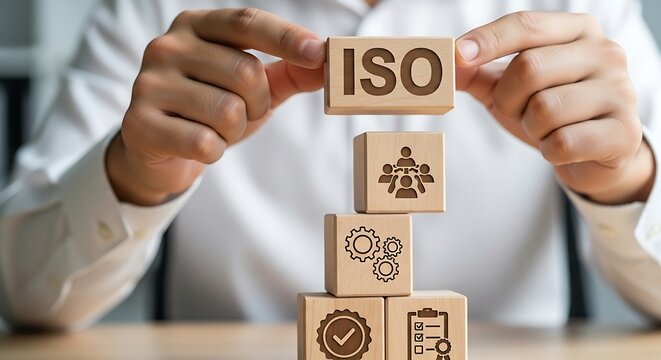 Businessman building iso blocks for quality management and certification