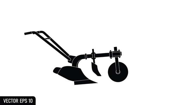Black silhouette of a plow with wheel on white background, flat vector design