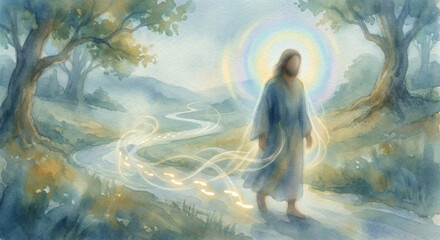 Spiritual Figure Leaving Glowing Light Footprints Watercolor Illustration JPG