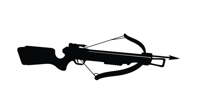 Black silhouette of a modern crossbow with bolt, against a white background, minimalist flat design