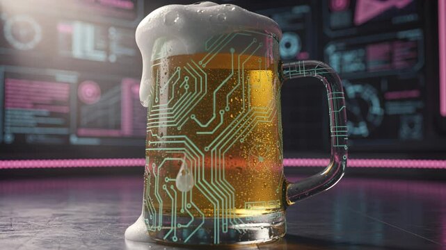 A vivid conceptual image showcasing a beer mug filled with golden beer and topped with foam, overlaid with a luminous circuit board design. The background features futuristic interfaces.  Modern