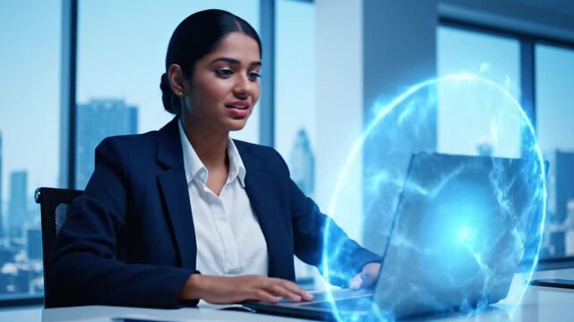 Focused businesswoman working late on laptop in modern office